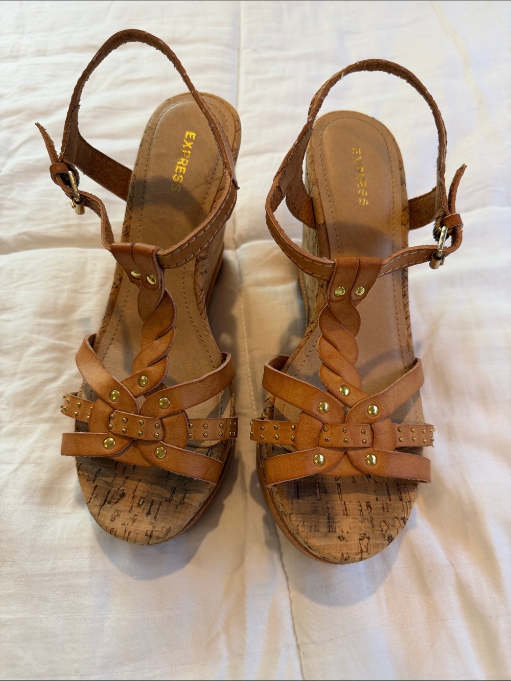 Express Brown Braided Leather Wedge Sandals